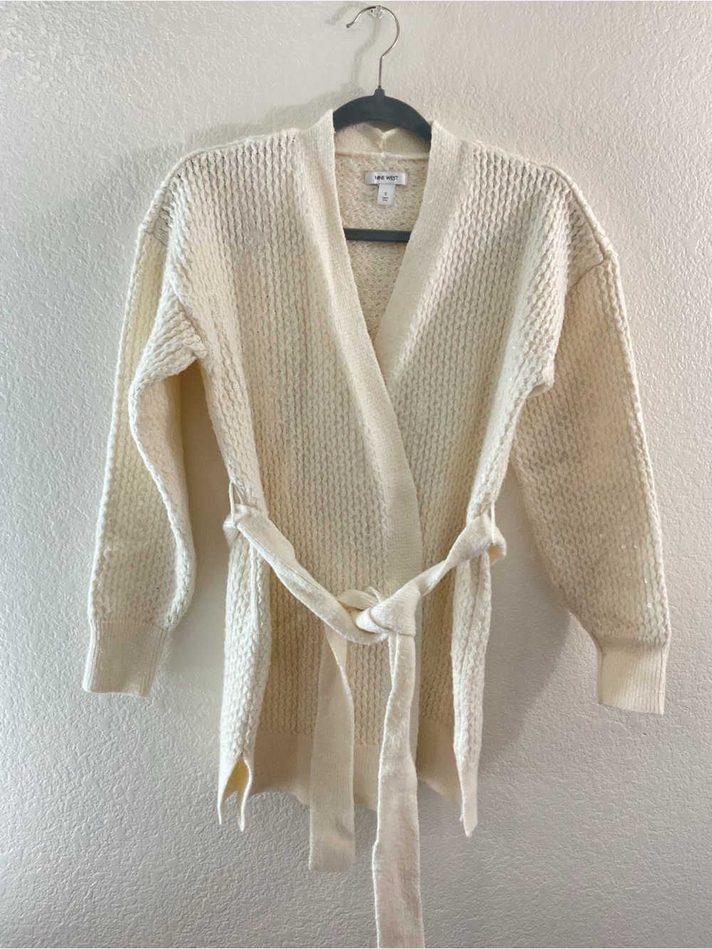 Nine West Cream Open-Front Belted Knit Cardigan Essential Chunky Sweater Sequin
